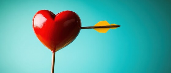Poster - Symbolic love concept featuring a red heart pierced by a yellow arrow against a vibrant teal background, studio shot, close up, romantic mood, and clean style