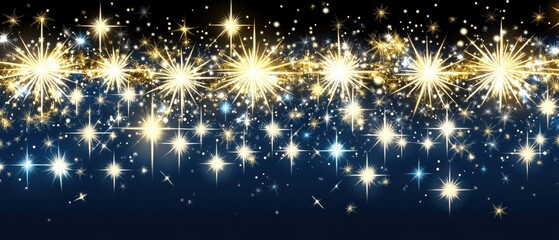 Poster - Festive golden stars and snowflakes against a dark blue background creating a magical and sparkling christmas holiday atmosphere for celebration and joy