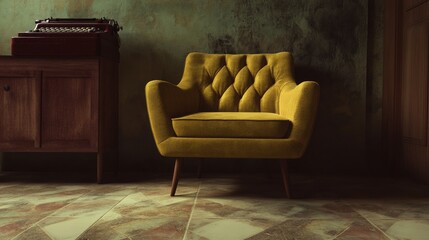 Poster - Vintage room scene featuring a yellow armchair and a classic typewriter on a wooden cabinet creating a nostalgic and cozy atmosphere with warm lighting and a rustic background