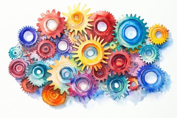 Poster - colorful gears watercolor collaboration - teamwork, synergy, innovation, connection, and progress ar