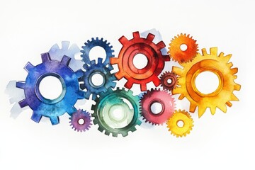 Poster - colorful interlocking gears - a vibrant watercolor painting of various sized gears interlocking, sym
