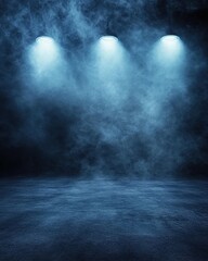 Poster - Moody studio scene showcasing three spotlights illuminating a smoky stage with dramatic lighting and dark background creating a captivating atmosphere for performance