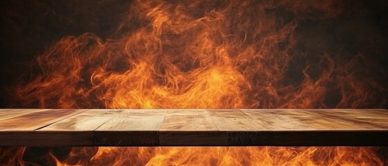 Poster - Rustic wooden table surface against a backdrop of fiery flames creating a dramatic and intense visual mood perfect for product display showcasing warmth and power in studio shot