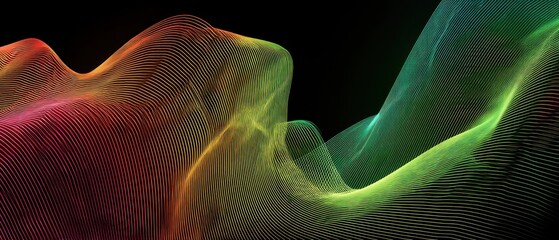 Poster - Abstract gradient lines create a vibrant dynamic wave pattern against a dark background showcasing modern digital art and futuristic design with a smooth flow