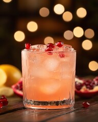 Poster - Refreshing pomegranate cocktail on wooden table with lemon and ice cubes against bokeh background perfect for summer evenings and festive celebrations