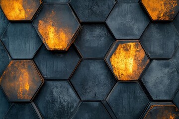 Poster - Hexagonal Grid Pattern Background - Abstract of a dark gray hexagonal grid with glowing orange accents. Modern and geometric design