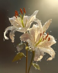 Poster - Elegant lily flower with water droplets glistening in warm light a serene floral composition showcasing delicate petals and captivating botanical beauty