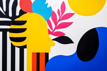 Poster - Abstract Head with Vibrant Floral Elements - A modern abstract artwork featuring a stylized head profile surrounded by bold colors, geometric shapes, and floral motifs. The is playful and energetic
