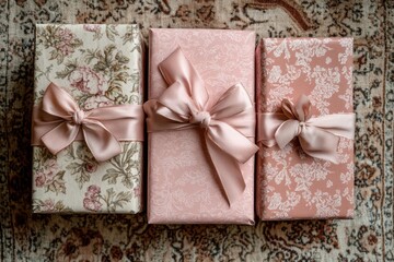 Poster - Elegant gift boxes wrapped in floral paper with satin ribbon bows on a vintage rug creating a warm and inviting atmosphere perfect for celebrations