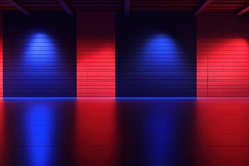 Poster - Abstract interior with brick wall illuminated by vibrant red and blue lights creating a modern and energetic atmosphere with reflections and shadows