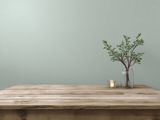 Poster - Rustic wooden table with floral arrangement in glass jar and candle against soft green wall  inviting home decor and cozy ambiance in a minimalist style
