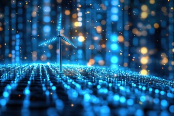 Poster - Digital Wind Turbine Generating Clean Energy in a Futuristic Cityscape with Glowing Lights and Abstract Data Streams for Sustainable Power and Innovation