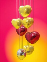 Poster - heart shaped disco balls hanging against a vibrant pink and orange gradient background creating a fe