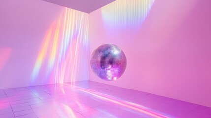 Poster - Disco ball casting vibrant rainbow light in pink room creating a retro atmosphere and dance vibe with a modern aesthetic and clean composition for stock photography