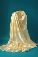 Poster - Elegant cream satin fabric draped over a form against a teal background creating a sense of mystery and luxury with smooth texture and soft lighting