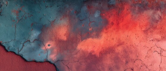 Poster - Dramatic texture of aged wall with peeling paint in teal and red hues offering a grunge abstract background for creative projects and artistic expression
