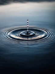 Poster - Serene water drop impact creating concentric ripples on a calm surface reflecting soft light capturing a moment of tranquility in a minimalist style with a vertical angle