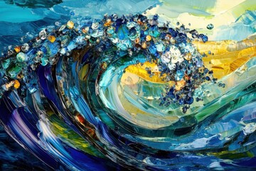 Poster - Abstract Ocean Wave Painting with Impasto Texture and Vibrant Colors Capturing the Dynamic Movement and Energy of the Sea in a Modern Artistic Style