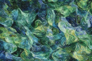 Poster - Abstract artwork featuring swirling brushstrokes in shades of blue green and yellow creating a dynamic and textured composition evoking a sense of movement and depth