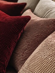 Poster - Cozy textured cushions in warm burgundy beige and cream tones creating a soft and inviting atmosphere with a focus on comfort and elegance