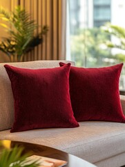 Poster - Elegant red pillows on a modern beige sofa create a cozy and inviting atmosphere in a bright living room with natural light and a blurred background