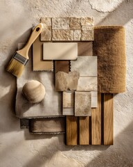 Poster - Elegant interior design mood board featuring textures and materials for home renovation project showcasing natural light and earthy tones perfect for stock photo use
