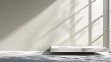 Poster - Minimalist Interior with Sunlight and Shadow Play on a Concrete Platform Against a Neutral Wall Creates a Serene and Modern Ambiance for Product Display