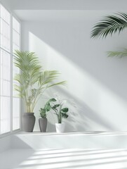 Poster - Serene indoor space featuring potted plants bathed in sunlit shadows creating a tranquil minimalist atmosphere with a modern aesthetic and a sense of calm.