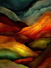 Poster - Abstract landscape with warm and cool colors creating a sense of depth and texture in a modern style artistic rendering for backgrounds and designs
