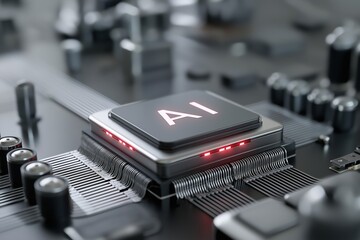 Fototapete - A computer chip with the letters AI on it. The chip is glowing red and black. Concept of technology and innovation