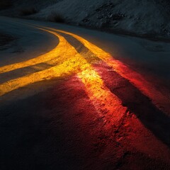 Poster - Asphalt road illuminated by car headlights at night creating a dramatic and moody scene with a sense of journey and adventure on a dark road