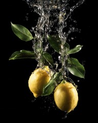 Poster - Two vibrant lemons with leaves plunging into crystal clear water against a stark black background creating a refreshing and dynamic still life composition