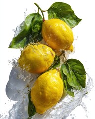 Poster - Captivating close up of fresh lemons with vibrant green leaves and splashing water against a bright white background creating a refreshing and dynamic food photography