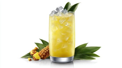 Poster - Refreshing pineapple cocktail with ice cubes and tropical leaves on a bright white background capturing a summer mood and a vibrant yellow color in a high angle shot