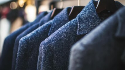 Poster - Row of jackets hanging on a rack, various styles and colors