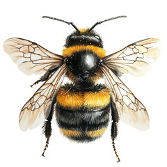 bumblebee collecting pollen, vector watercolor illustration, isolated on a white background.