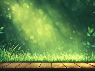 Poster - Enchanting green bokeh background with wooden platform for product showcase serene nature scene with sunlight grass and leaves perfect for spring or summer theme