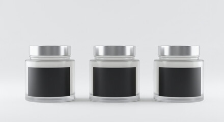 Aufkleber - Three clear glass jars with blank labels and silver lids displaying product packaging
