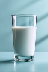 Poster - glass of fresh milk on a light blue surface with soft light and shadow creating a calming and refres