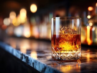 Poster - Elegant glass of whiskey with ice on a marble bar top creating a warm inviting atmosphere with bokeh lights in the background for a sophisticated drink