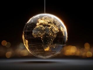 Poster - Luminous world globe displaying continents illuminated with city lights against a dark background, creating a captivating visual effect, perfect for global business themes