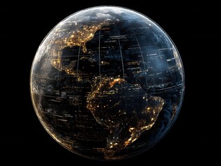 Poster - Night view of Earth with city lights illuminating continents against a dark background, showcasing urbanization, global connectivity, and technological advancement.