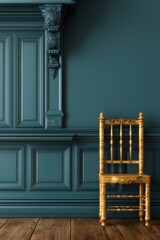 Poster - Elegant golden chair against a teal paneled wall creating a vintage mood and a luxurious atmosphere with a classic aesthetic and refined style in a studio shot