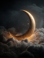 Poster - Crescent moon shining brightly amidst fluffy clouds in a dark night sky creating a celestial dreamy mood with a magical atmosphere and artistic style