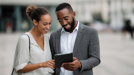 Poster - A joyful couple explores digital documents together while standing outdoors in a busy city. They share smiles and engage in a productive discussion about their business goals