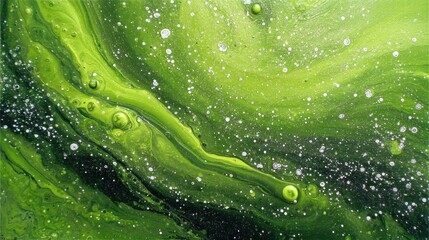 Poster - Abstract green and white acrylic pour painting with swirling patterns and organic shapes creating a vibrant and dynamic visual texture for modern artistic expression