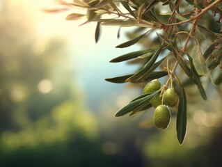 serene olive branch with green olives and leaves in soft sunlight on a blurred background capturing 