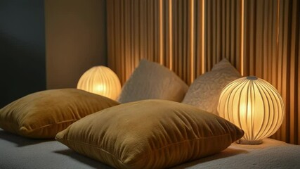 Poster - A bed with three pillows and two lamps