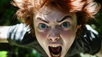 Poster - A woman with striking red hair and piercing blue eyes looks directly at the camera