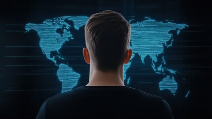 Poster - Person Observing Digital World Map with Technology Background and Data Visualization Concepts